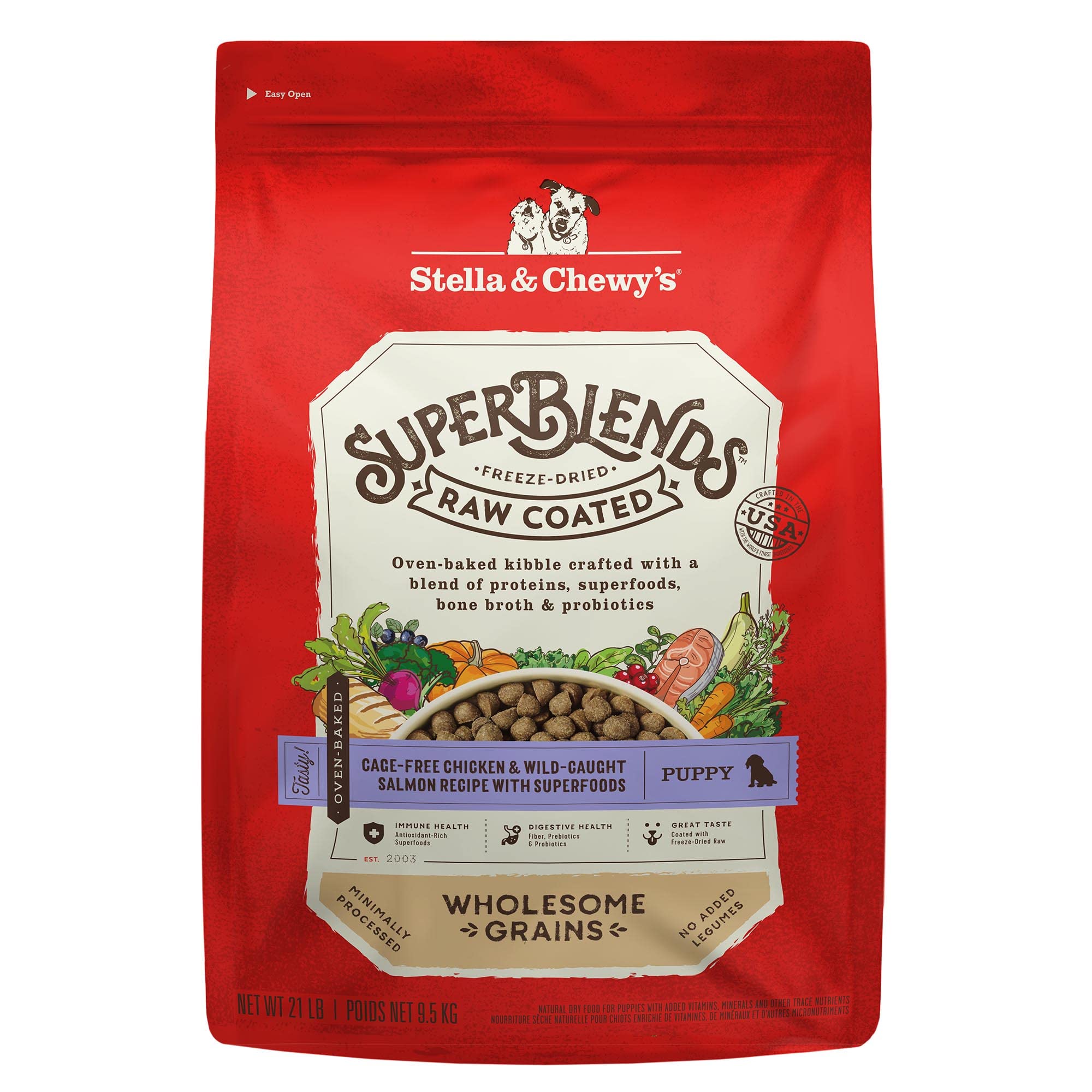 Emballage Stella & Chewy's SuperBlends pour chiot, pratique et stockable.