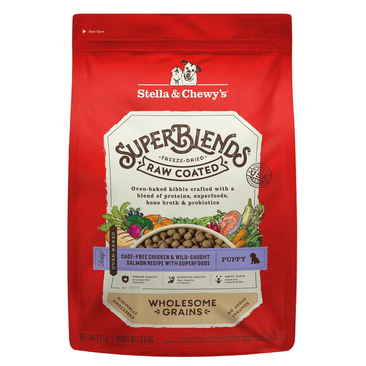 Emballage Stella & Chewy's SuperBlends pour chiot, pratique et stockable.