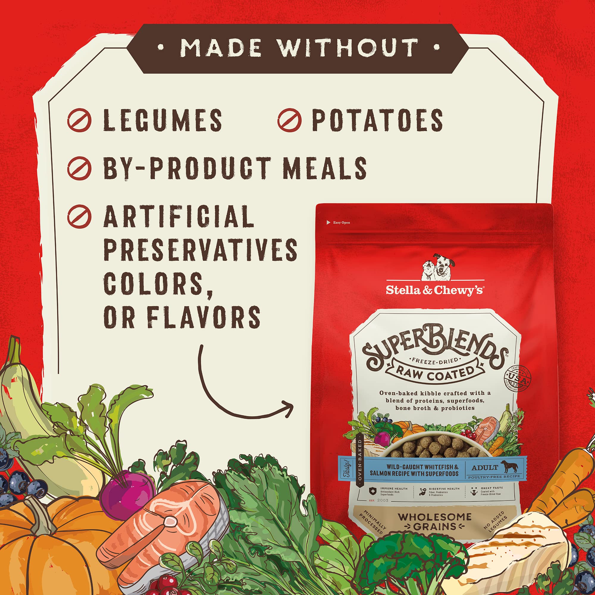 Grains complets dans Stella & Chewy's SuperBlends pour une énergie durable.