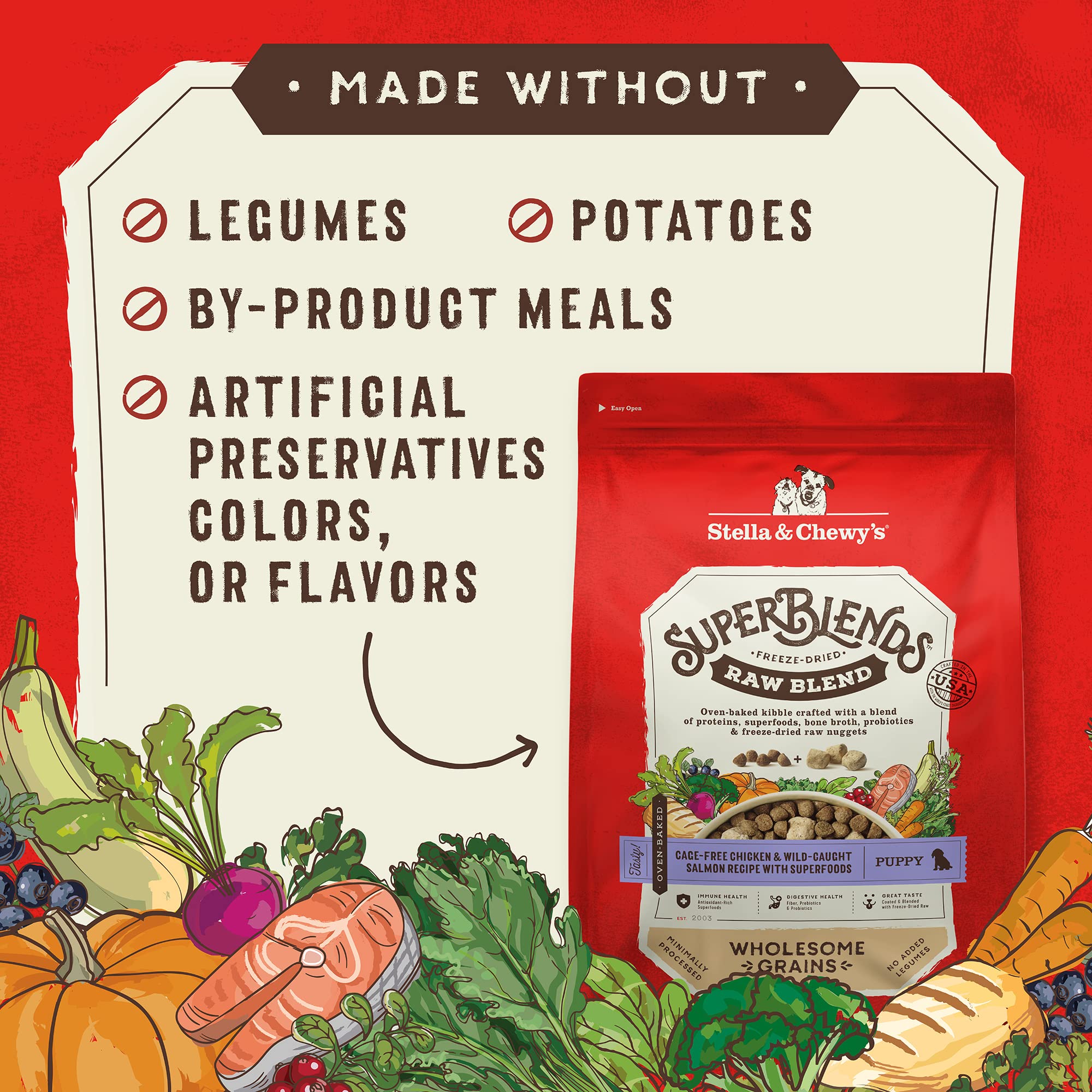 Morceaux viande lyophilisees dans Stella & Chewy's SuperBlends, boost proteique.