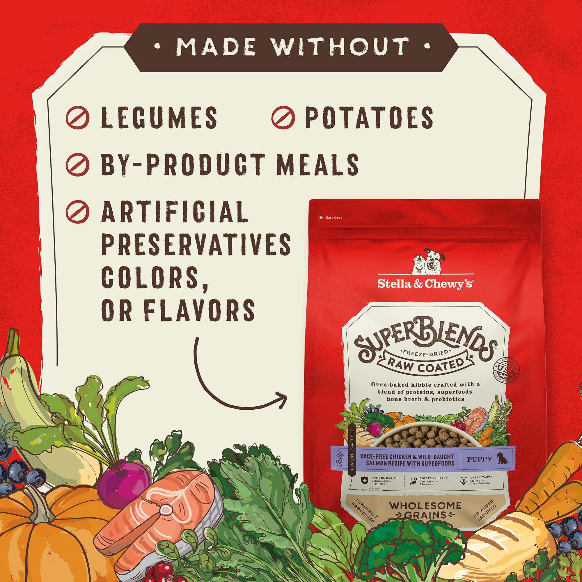 Stella & Chewy's SuperBlends: prébiotiques et probiotiques pour soutien digestif et immunitaire.