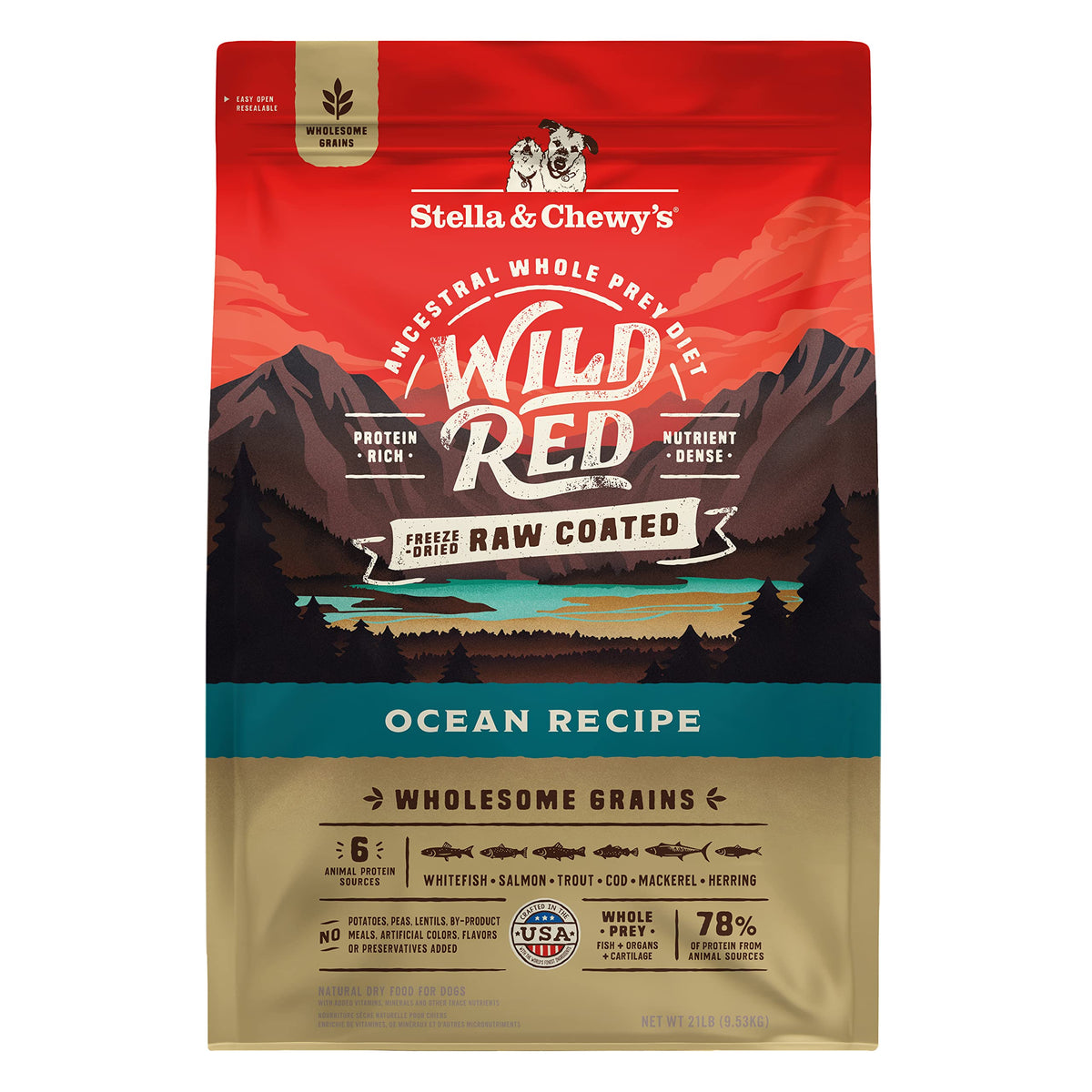 Stella & Chewy's Wild Red Ocean Recipe, sac 21 livres — protéine élevée, pratique pour les repas quotidiens.