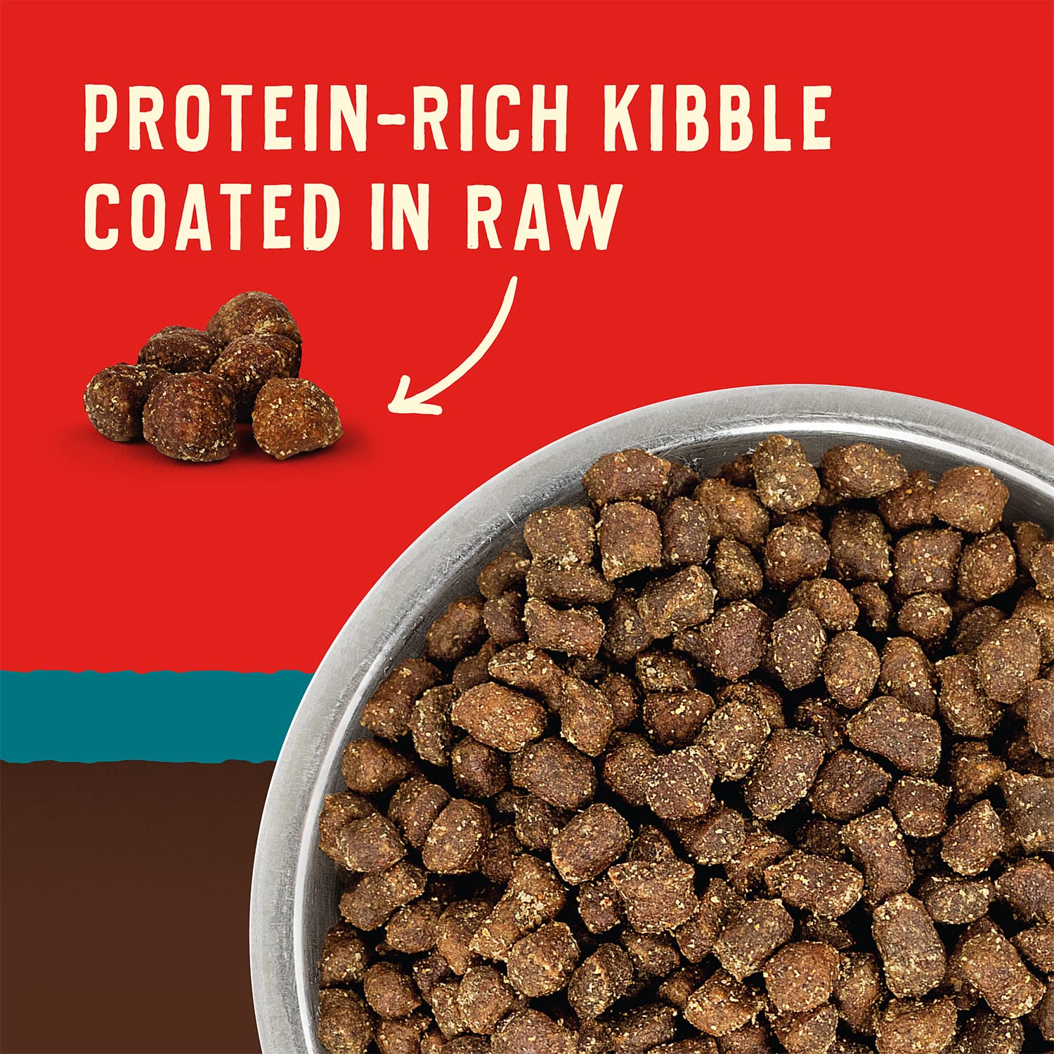 Revêtement cru lyophilisé enveloppant les croquettes pour une saveur naturelle.