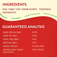 Protéines élevées, 97% canard et organes, idéale comme récompense nourrissante.