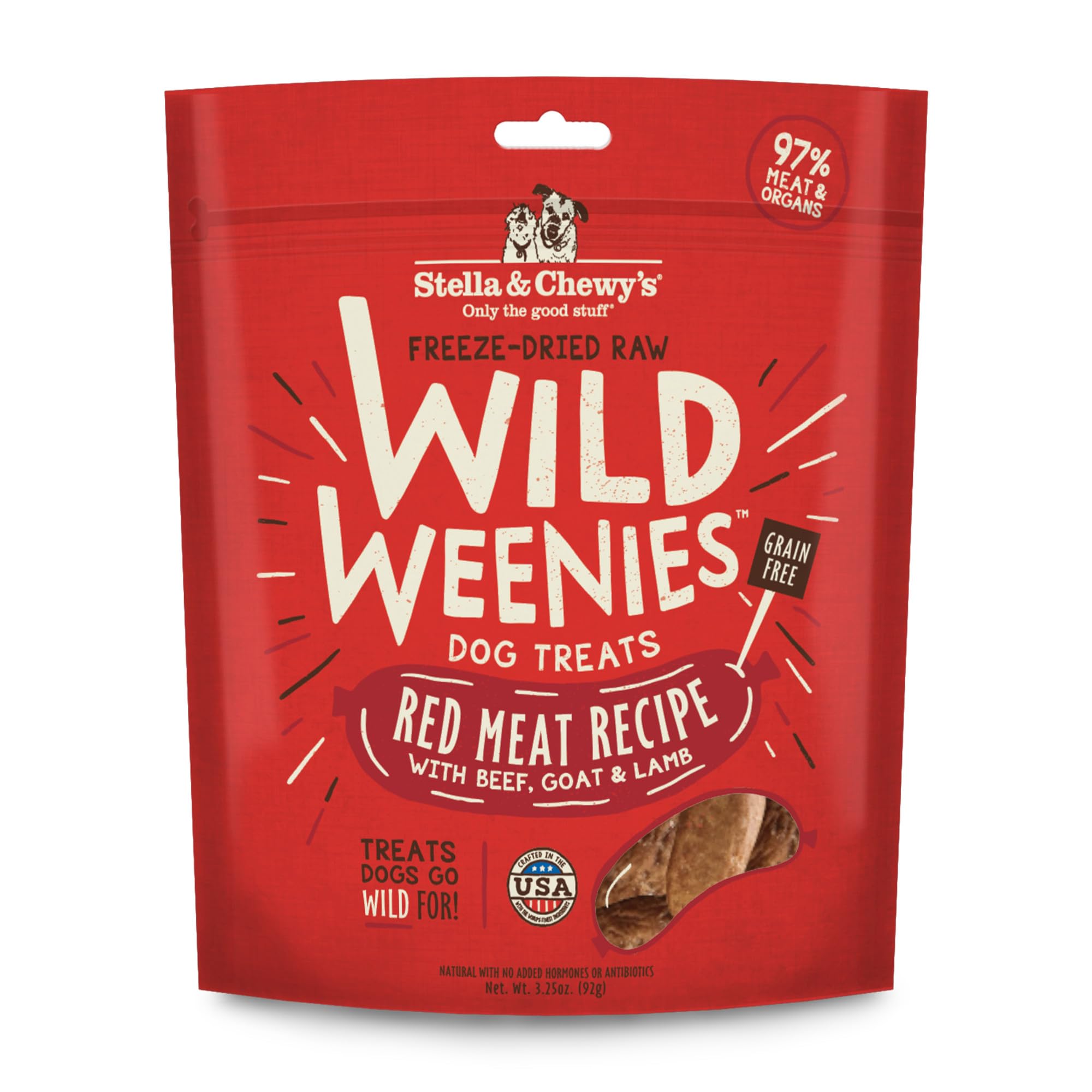 Friandises Stella & Chewy's Wild Weenies dans un sachet pratique, parfait pour l'entraînement.