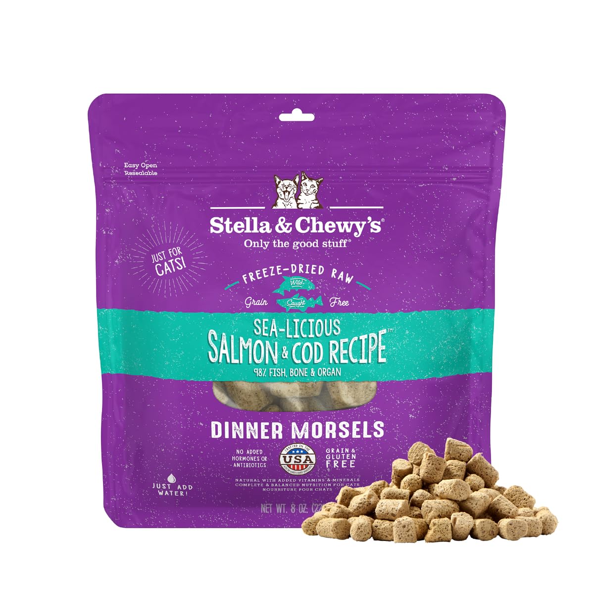 Morceaux Stella et Chewy's pour chat, saumon et cod séchés, snack protéiné apprécié.