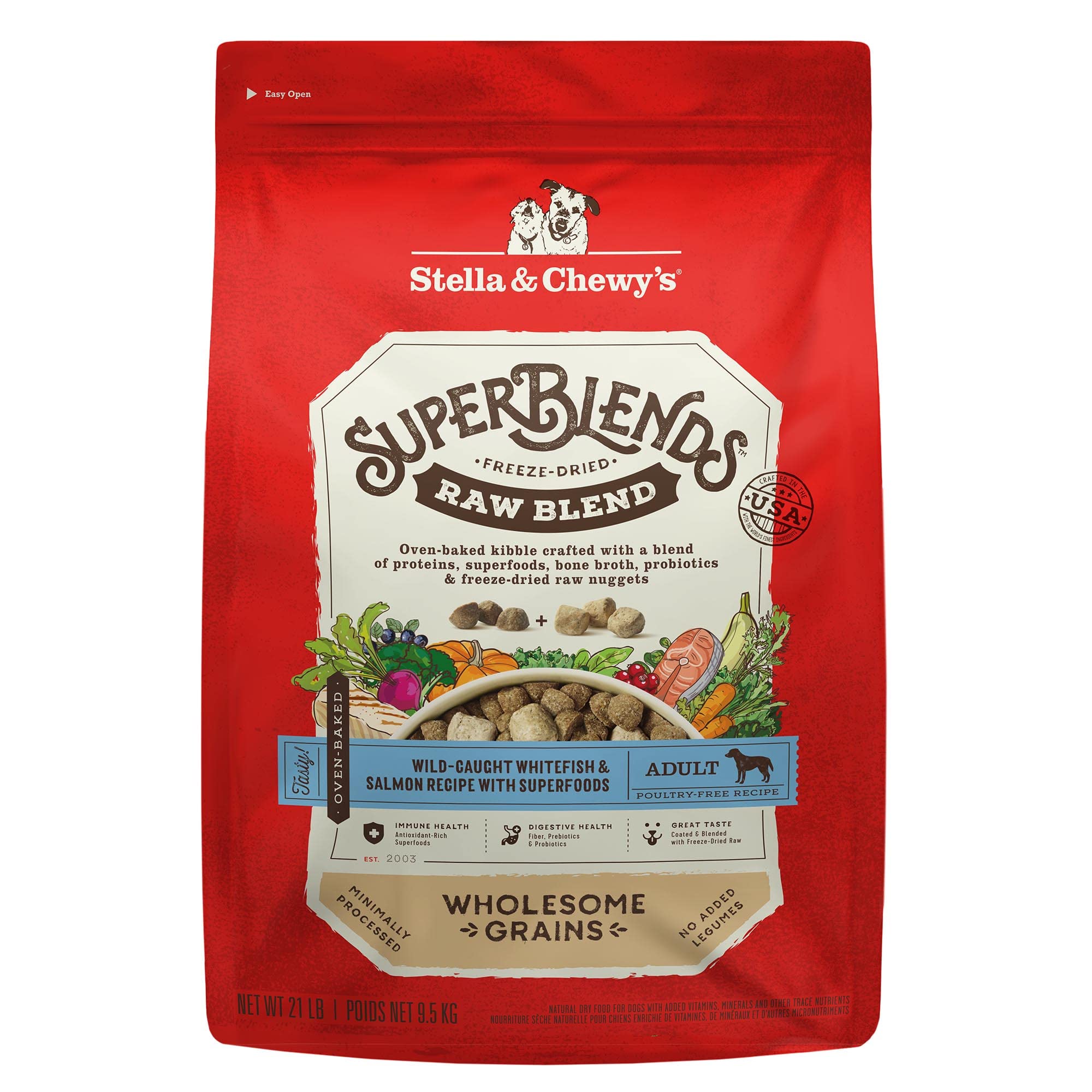 Stella et Chewys SuperBlends sac 21 lb pour repas complets et pratiques.