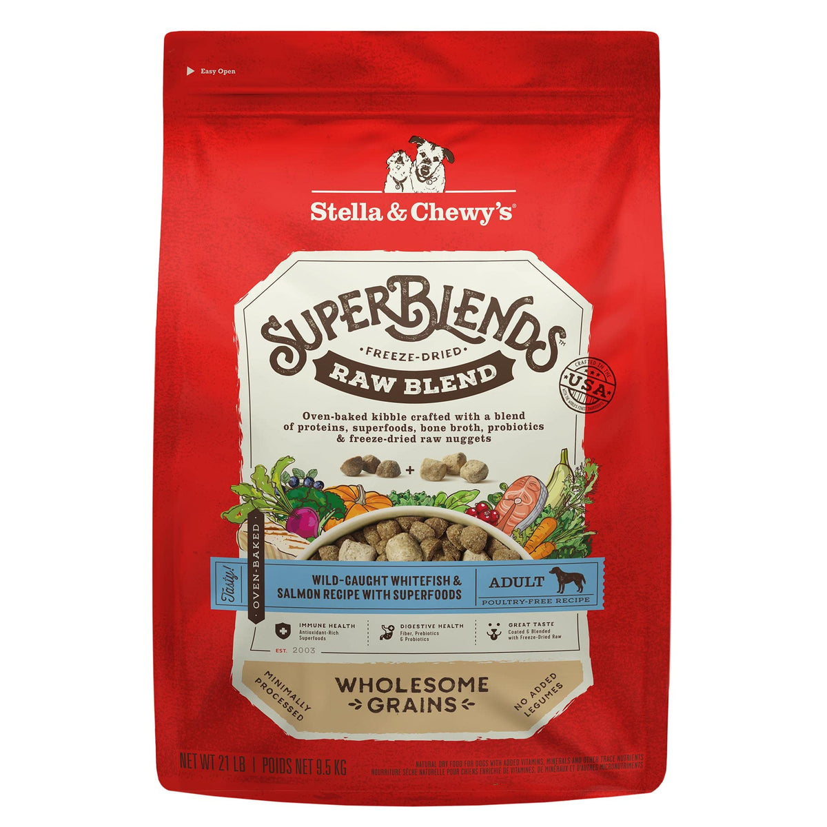 Stella et Chewys SuperBlends sac 21 lb pour repas complets et pratiques.