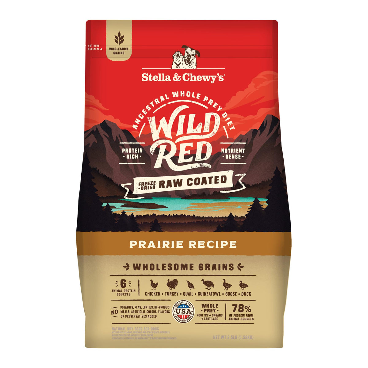 Stella & Chewy's Wild Red Prairie emballage visible, repas protéiné pour chien actif.
