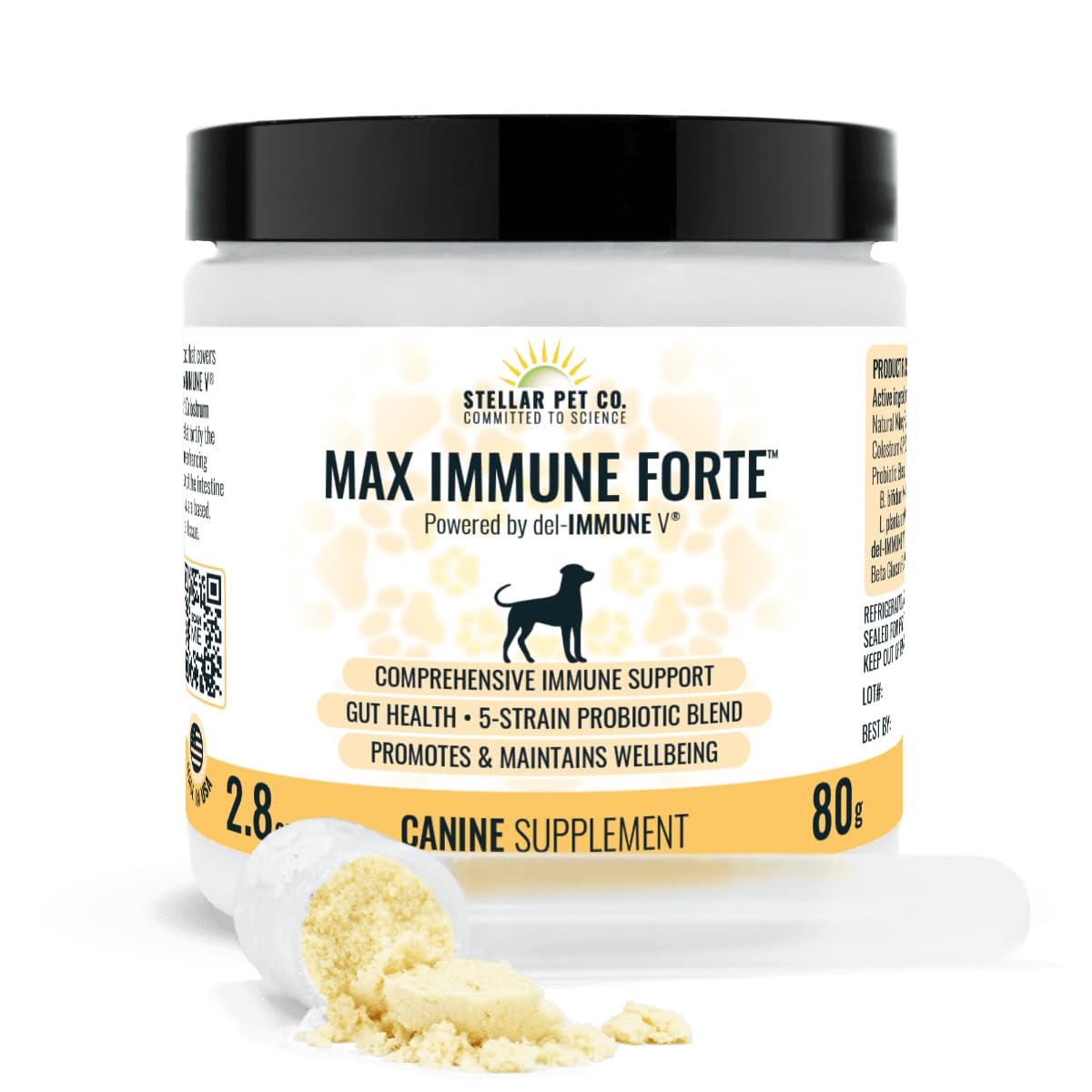 Bouteille Max Immune Forte de Stellar Biotics pour chien, soutien immunitaire potentiel et équilibre intestinal.