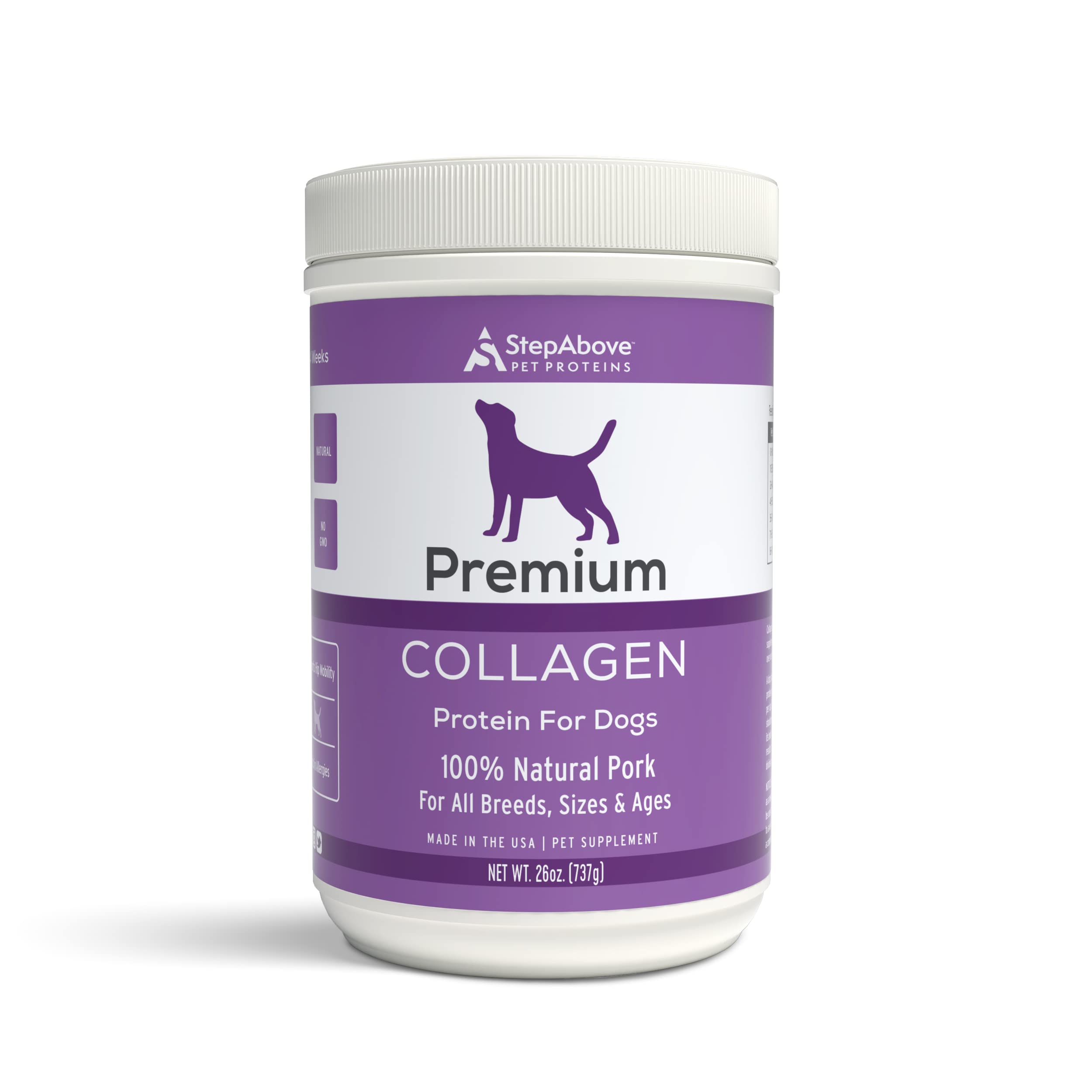 Step Above Proteins pot-proteine-gelatine-chien, source naturelle pour le pelage et les articulations.