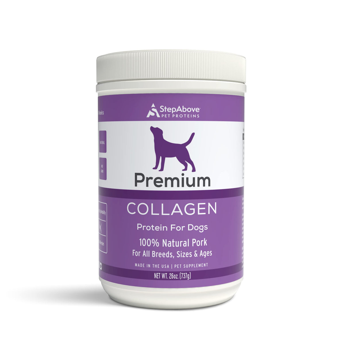Step Above Proteins pot-proteine-gelatine-chien, source naturelle pour le pelage et les articulations.