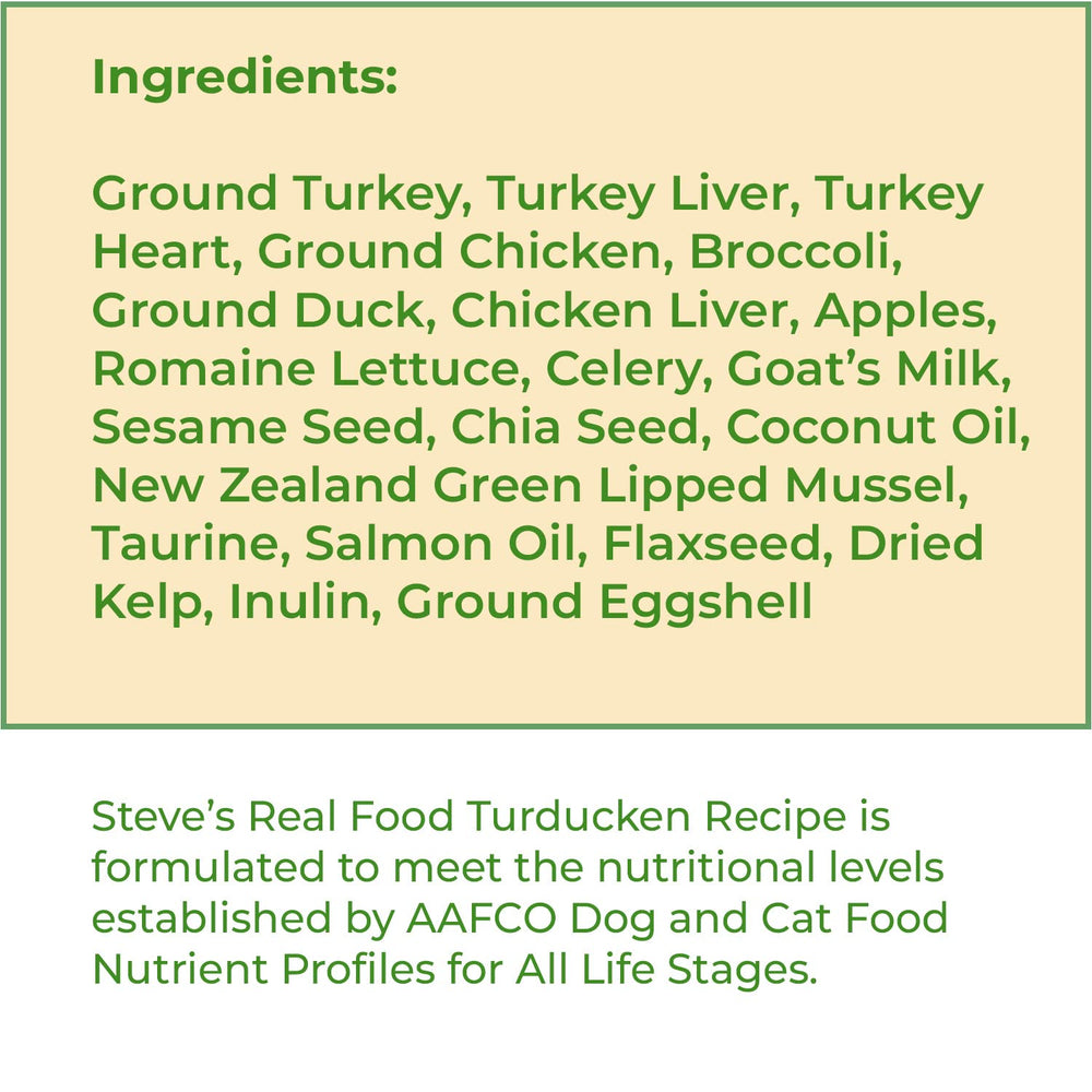 Steve's Real Food ingrédients dinde et canard Turducken, saveur riche pour repas variés.