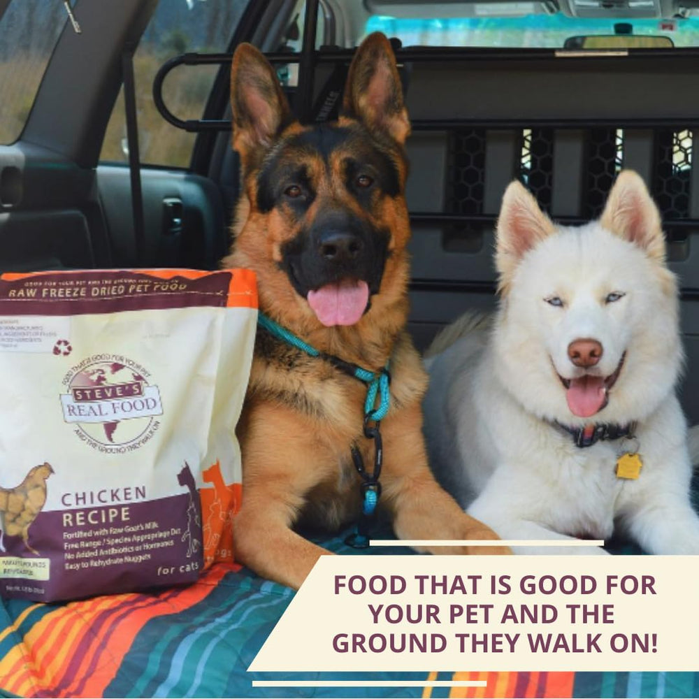 Compatibles tous les stades de vie chiens et chats avec Steve's Real Food Nuggets poulet.