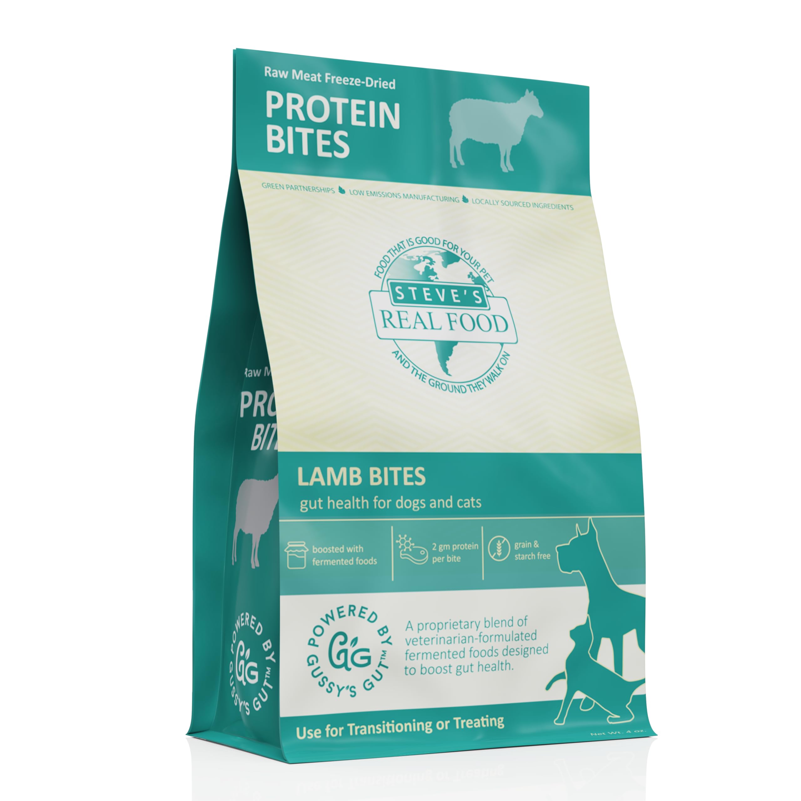 Steve's Real Food Protein Bites - emballage visible, friandise naturelle pour chiens et chats.