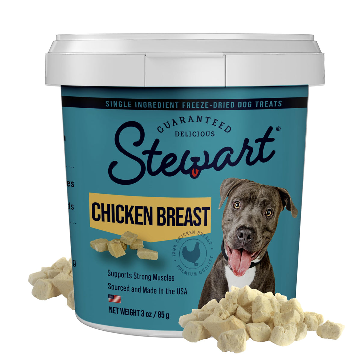 Stewart tube-poitrine-poulet-seche-3oz: récompense riche en protéines pour l'entraînement.