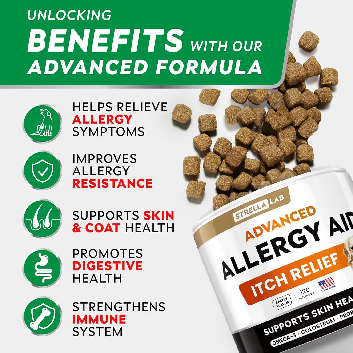 STRELLALAB bouchées allergie chien omega3, premier plan sur des ingrédients naturels.