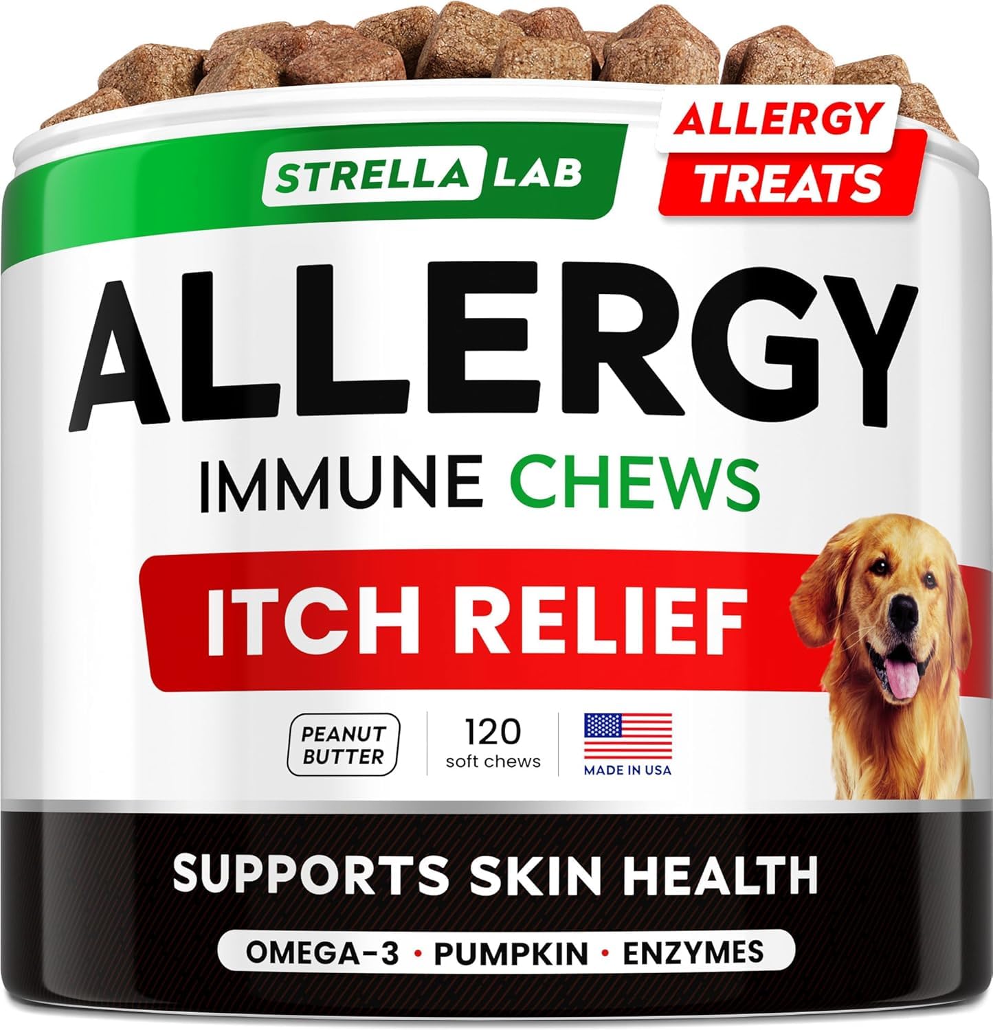 STRELLALAB bouchées allergie chien – bouteille Omega3, soutien peau et poil.