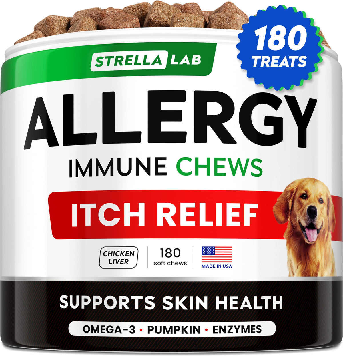 StrellaLab Chien Allergie: emballage clair et promesse naturelle.
