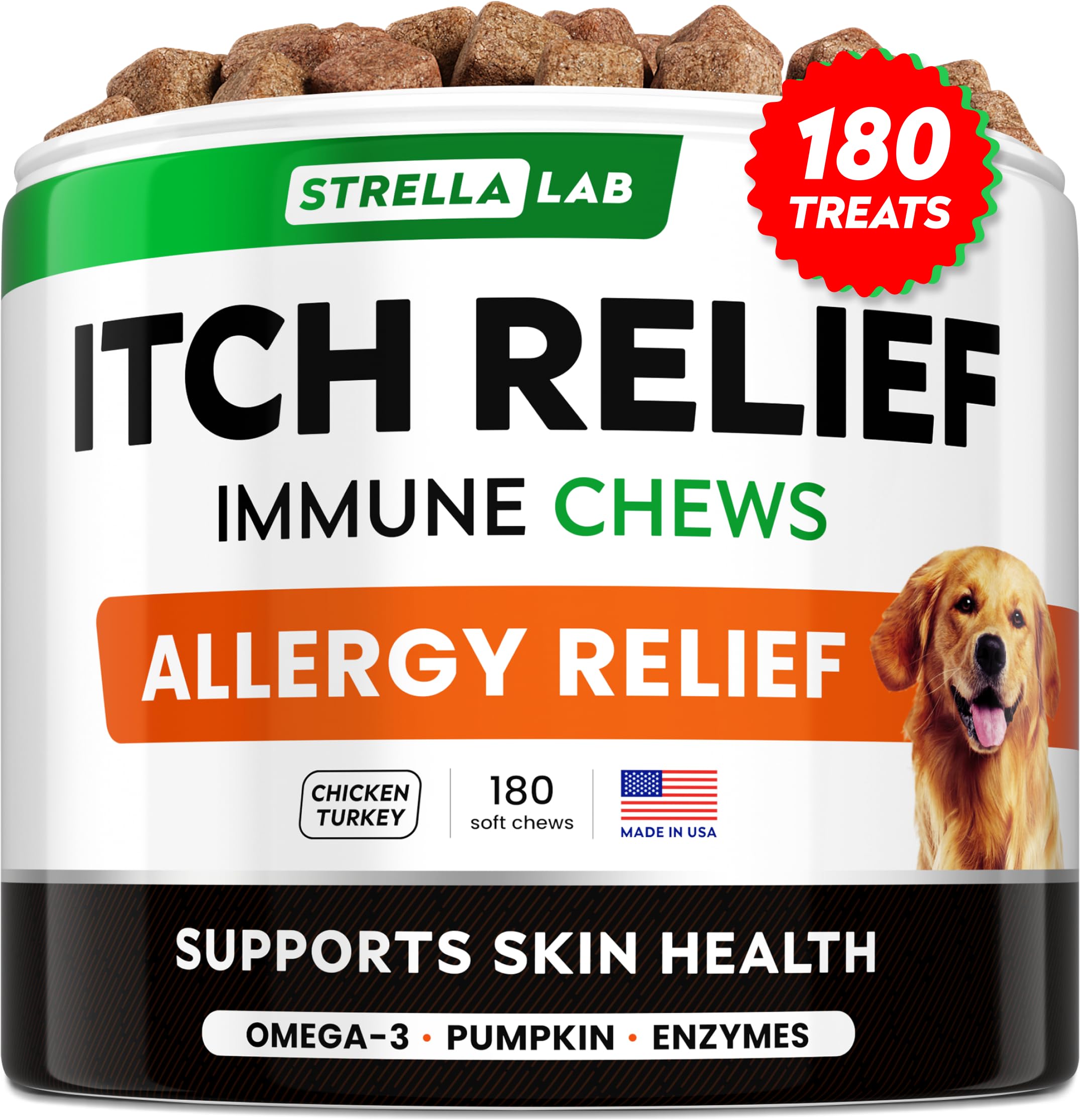 Gomme StrellaLab pour chien, relief allergie, peau et poil improves.