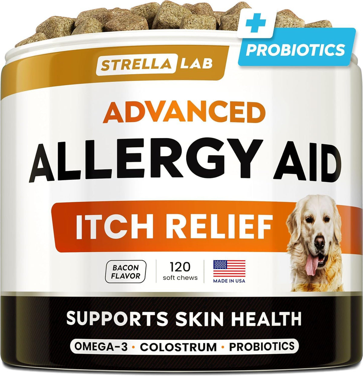 STRELLALAB emballage des bouchées allergie chien pour une routine pratique.