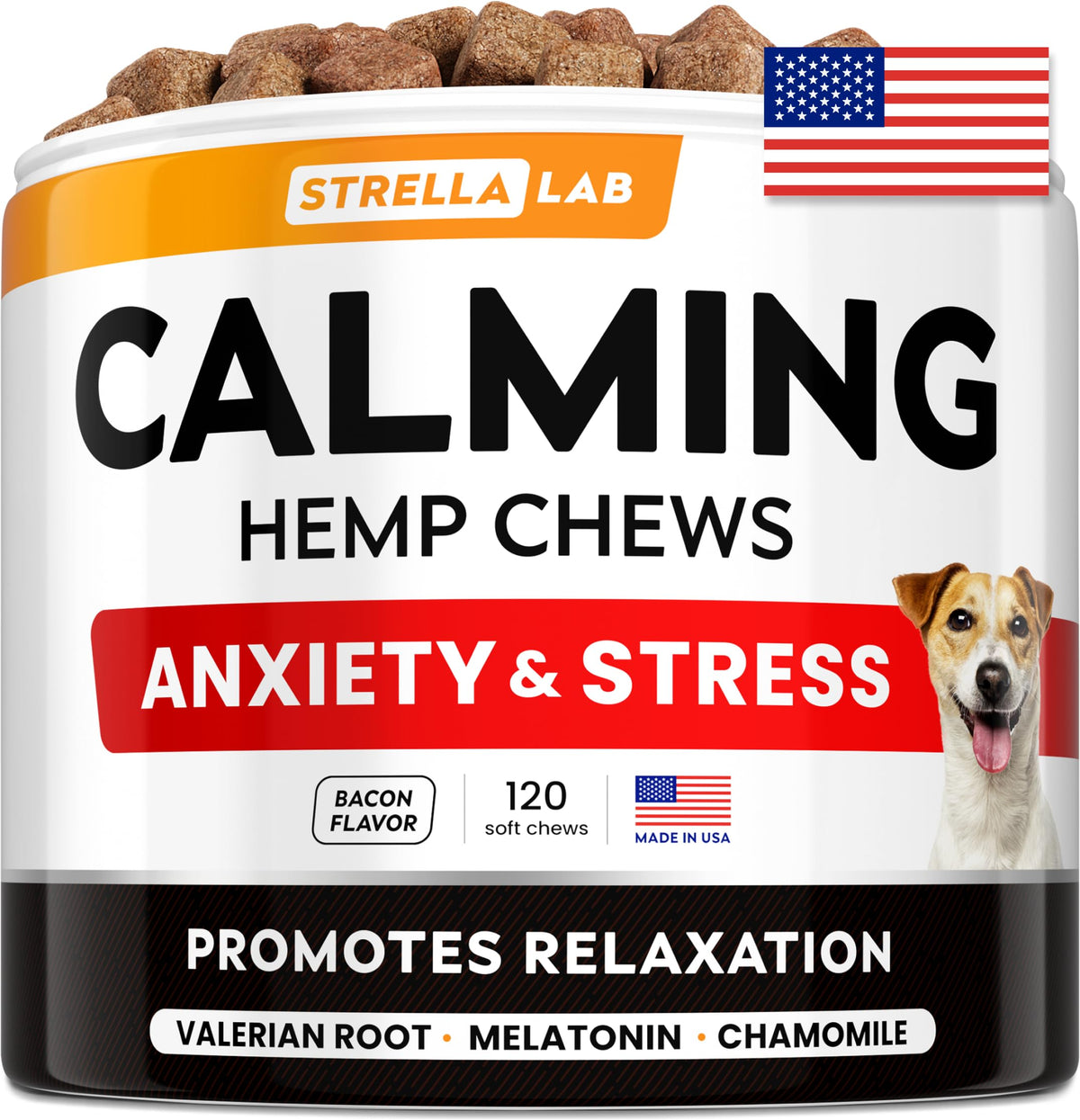 STRELLALAB friandises apaisantes chanvre – bouteille facile à ouvrir pour calmer pendant les situations stressantes.