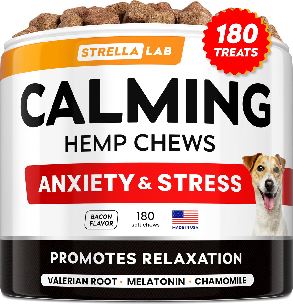 STRELLALAB friandises chanvre pour chien, boîte ouverte, douceur apaisante prête à offrir.