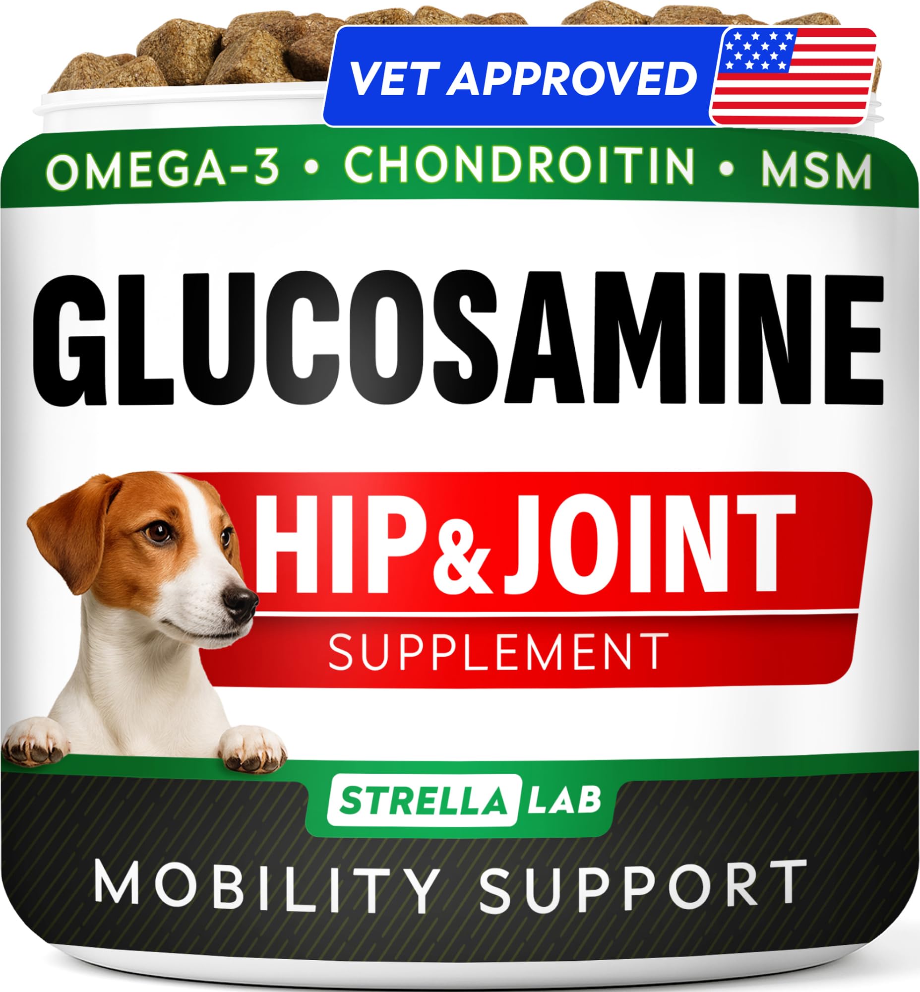 STRELLALAB glucosamine-chews pour articulations du chien, soutien mobilité quotidienne.