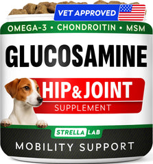 STRELLALAB glucosamine-chews pour articulations du chien, soutien mobilité quotidienne.