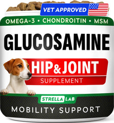 STRELLALAB glucosamine pour chiens avec oméga-3 soutient la mobilité naturelle.