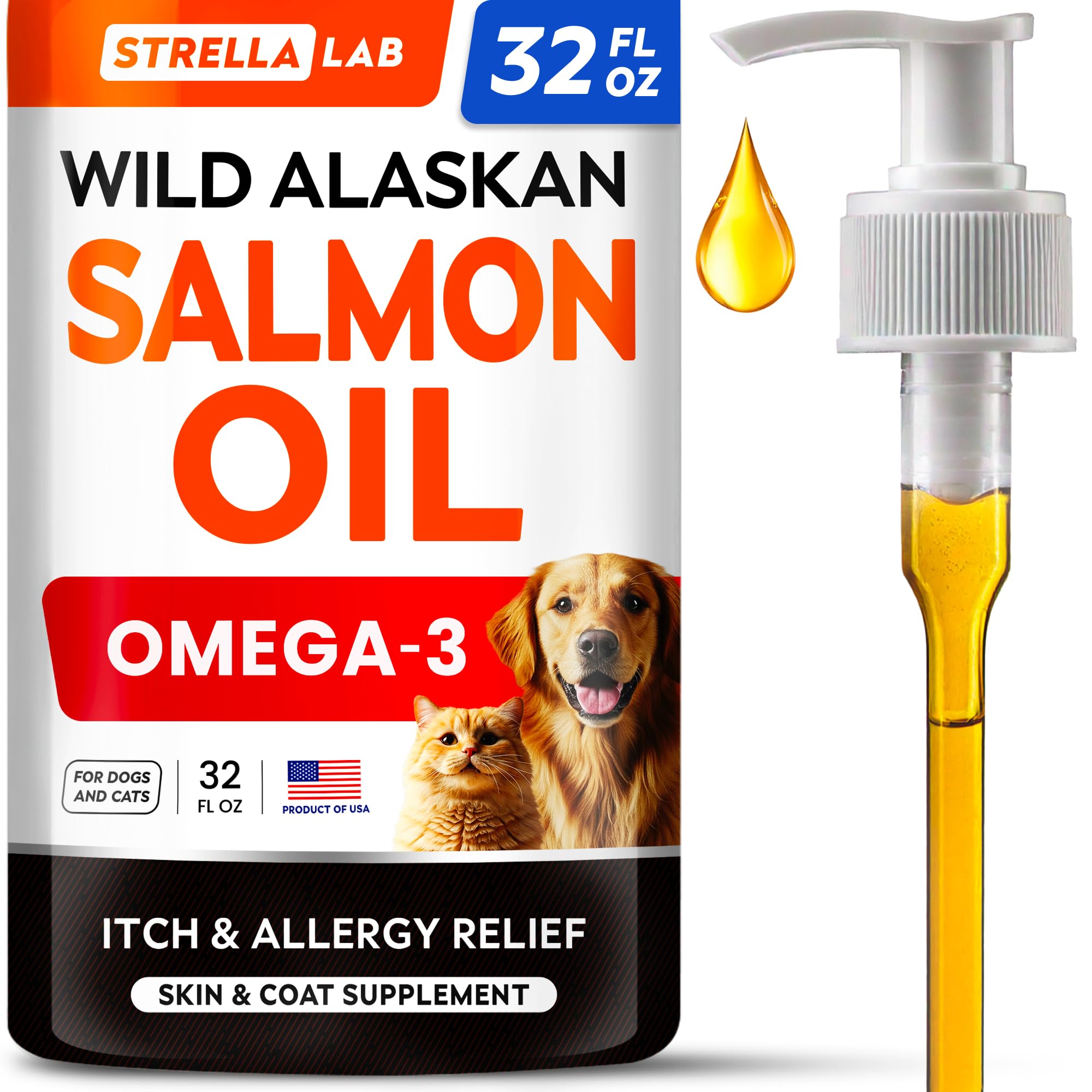 STRELLALAB huile saumon d'Alaska sauvage en bouteille avec pompe, dosage pratique pour tous les chiens et chats.
