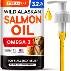 STRELLALAB huile saumon d'Alaska sauvage en bouteille avec pompe, dosage pratique pour tous les chiens et chats.