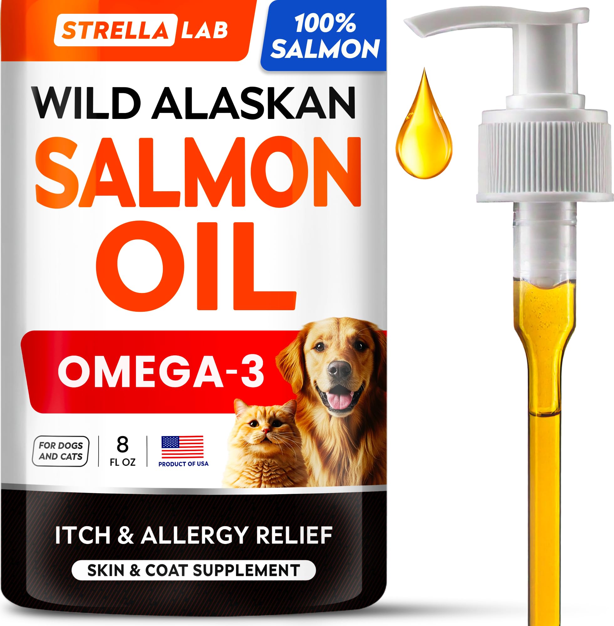 Flacon STRELLALAB huile saumon Alaskan pour pelage sain.