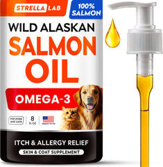 Flacon STRELLALAB huile saumon Alaskan pour pelage sain.