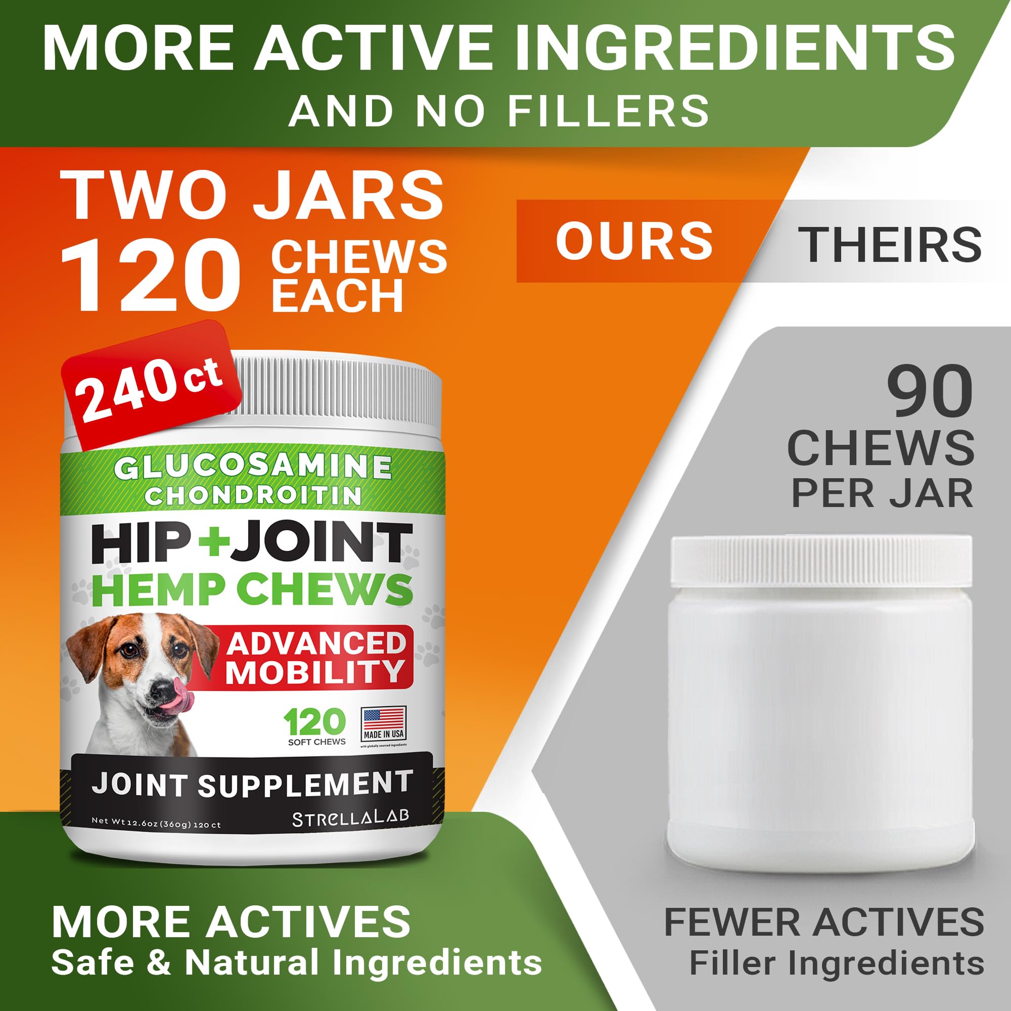 Ingrédients STRELLALAB glucosamine chondroïtine MSM, soutien potentiel à la souplesse.