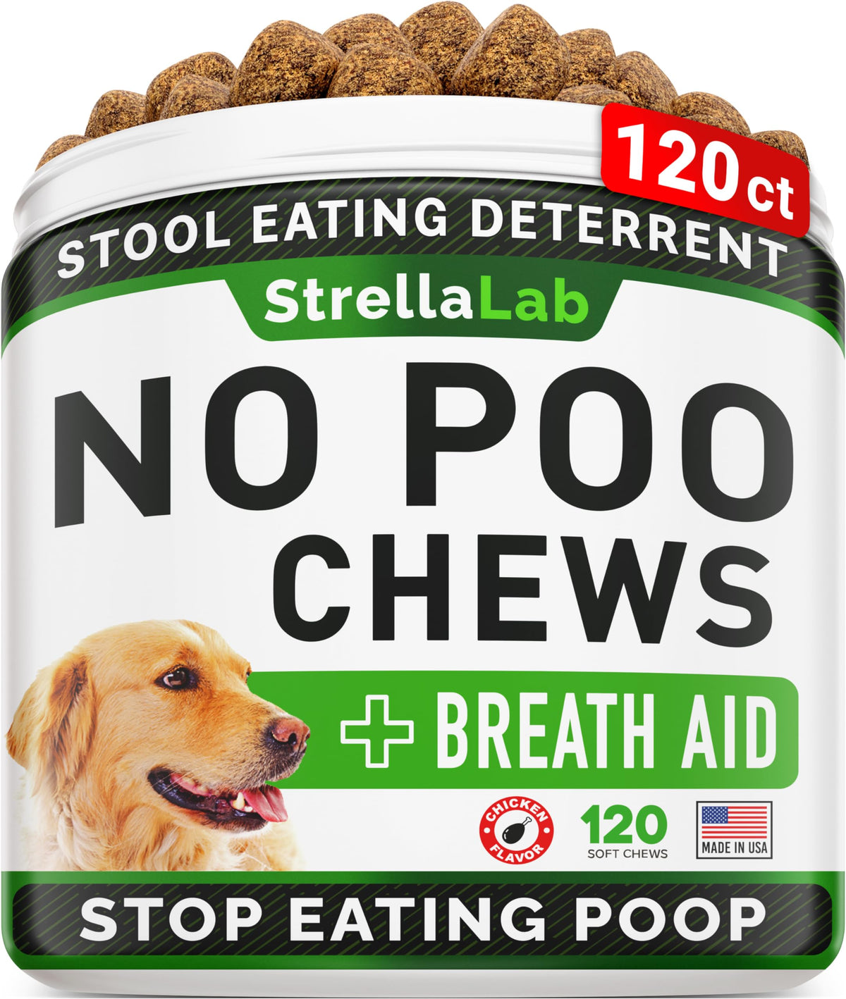 STRELLALAB No Poo Chews pour chien, emballage pratique pour dosage quotidien.
