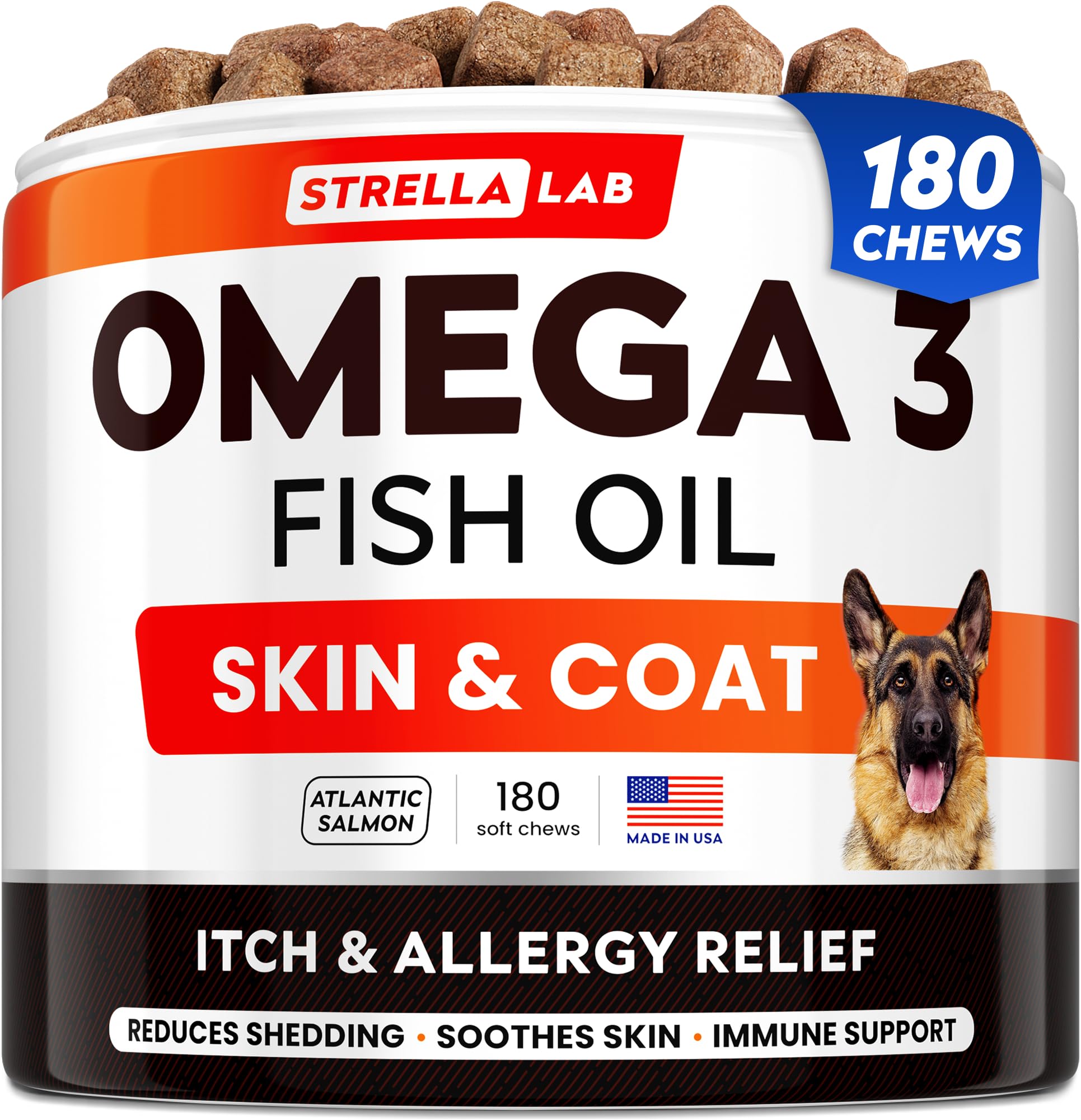 StrellaLab Omega-3 pour chien friandises 180ct: source naturelle d'omega-3 pour la peau