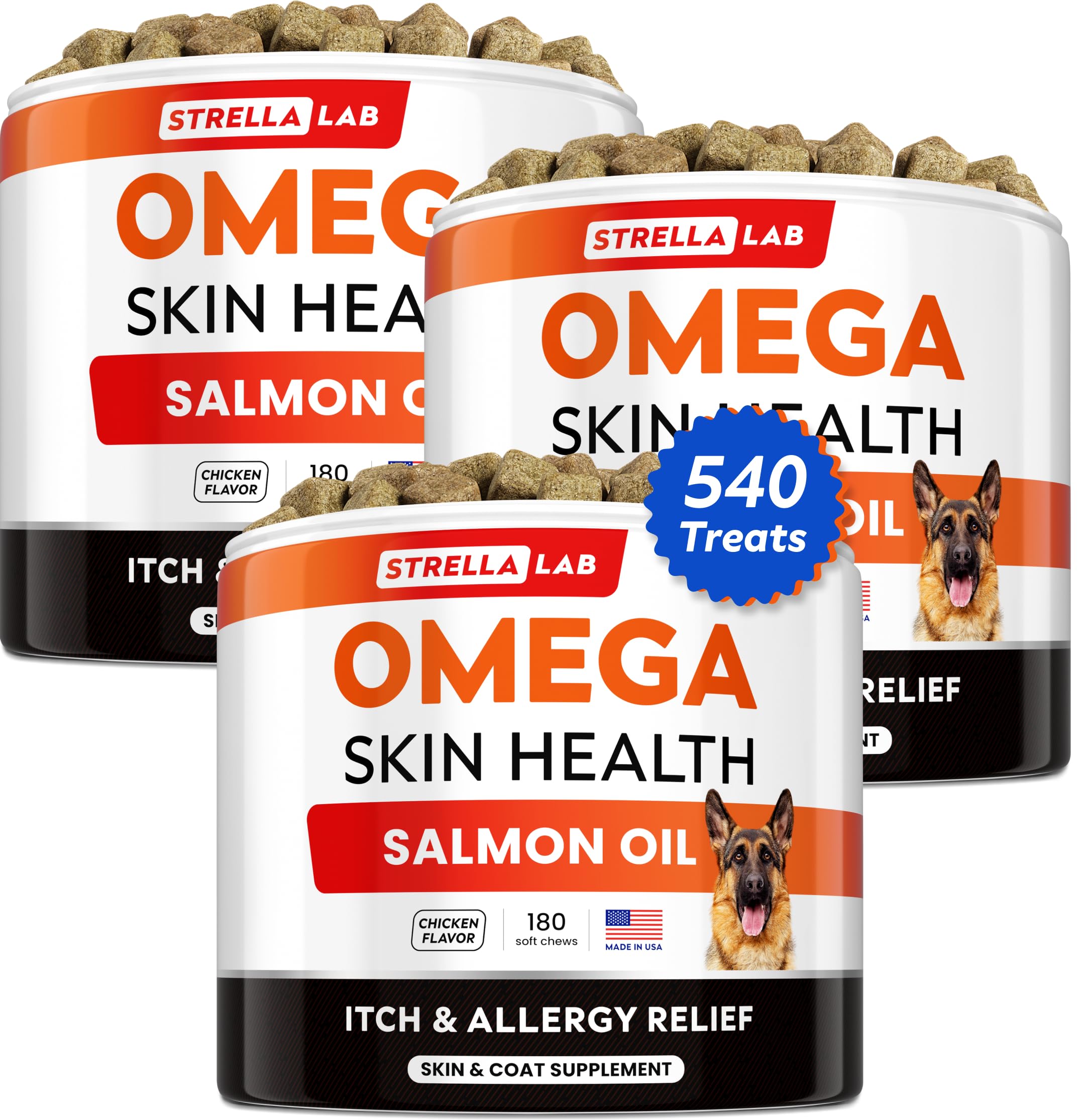 STRELLALAB Omega3 pour chiens: bouchées saumon en emballage, soutien potentiel peau et poil.