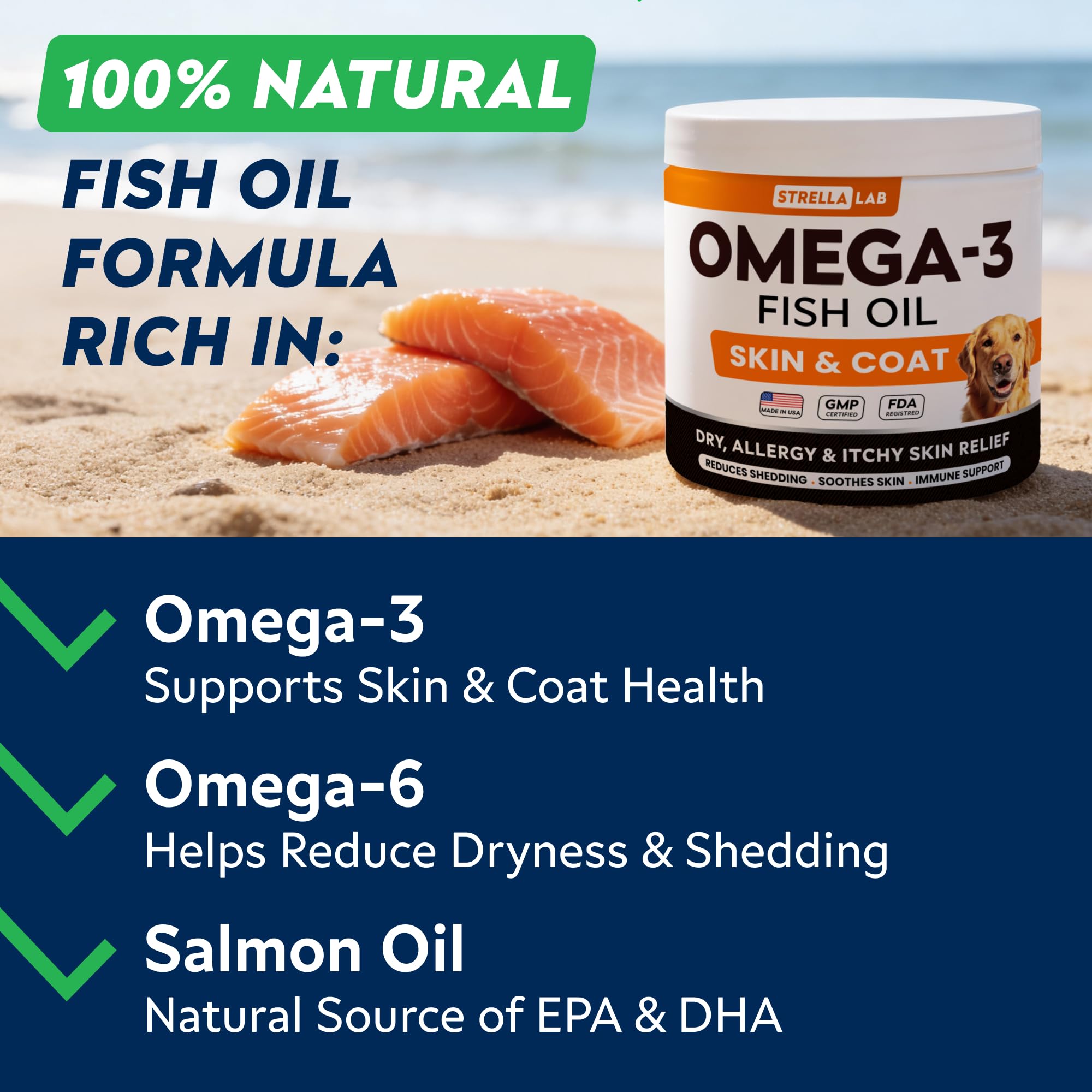 STRELLALAB Omega3 pour chiens – bouchée poisson relief allergie potentielle.