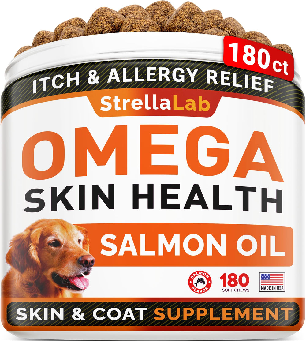 Jarre STRELLALAB Omega3 pour chiens, friandises saumon savoureuses et pratiques.