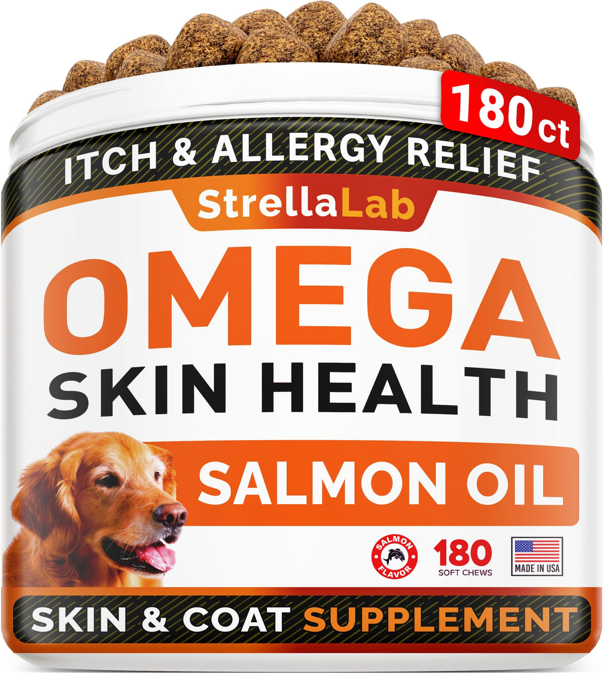 Jarre STRELLALAB Omega3 pour chiens, friandises saumon savoureuses et pratiques.