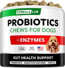 Pot StrellaLab chien, bouchées probiotiques, soutien digestion potentiel.