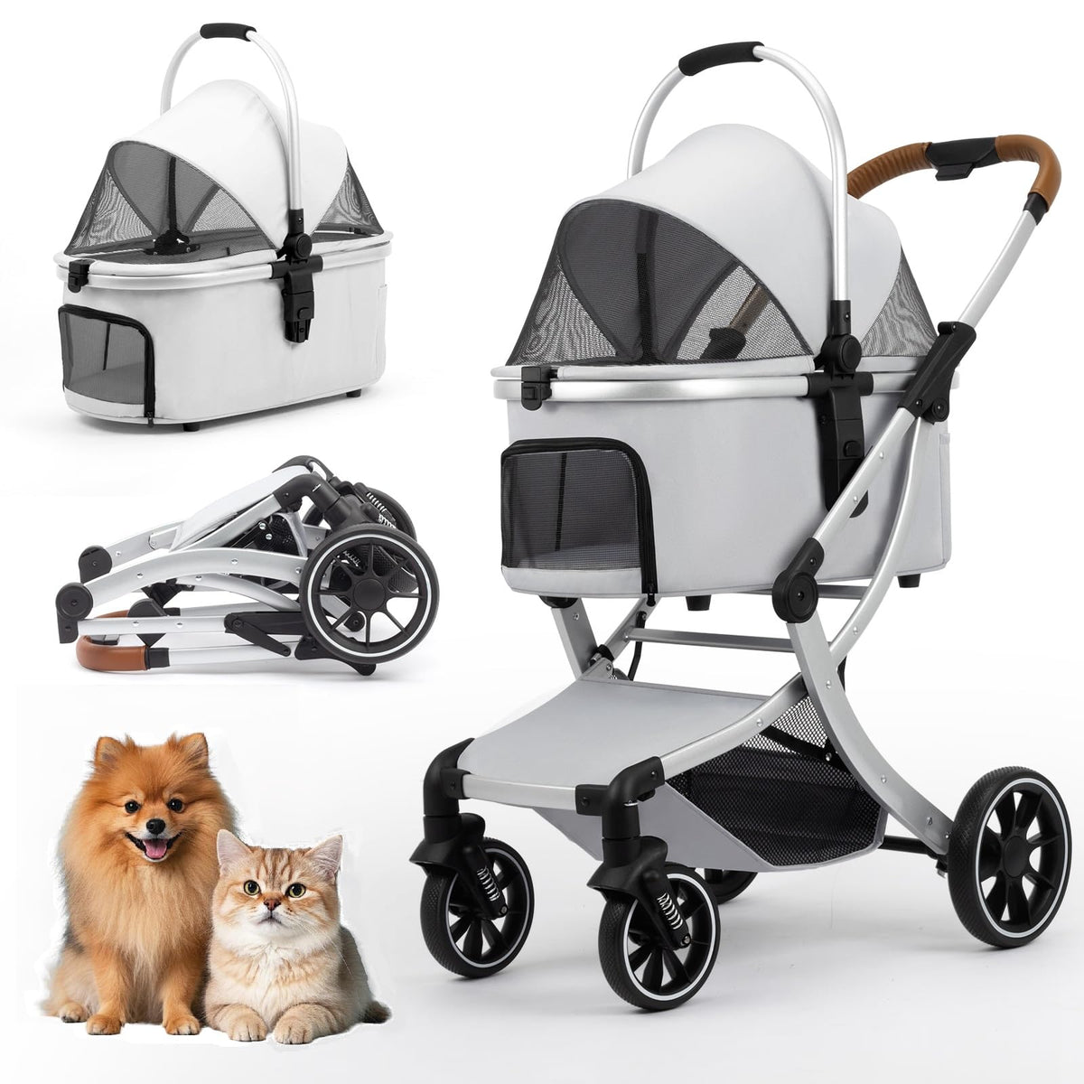 Poussette Strocare 3 en 1 pour chiens et chats — vue avant, promenade fluide.