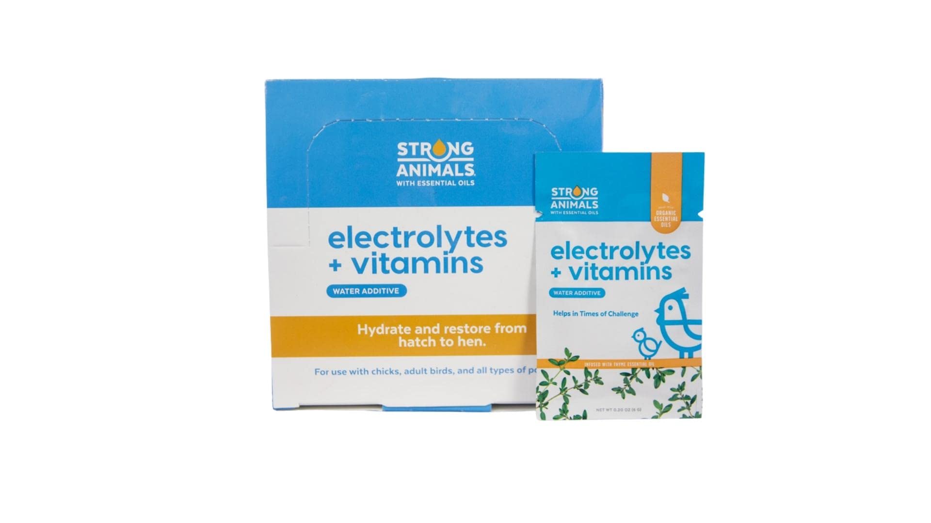 Boîte Strong Animals Électrolytes et Vitamines prête à hydrater les volailles.