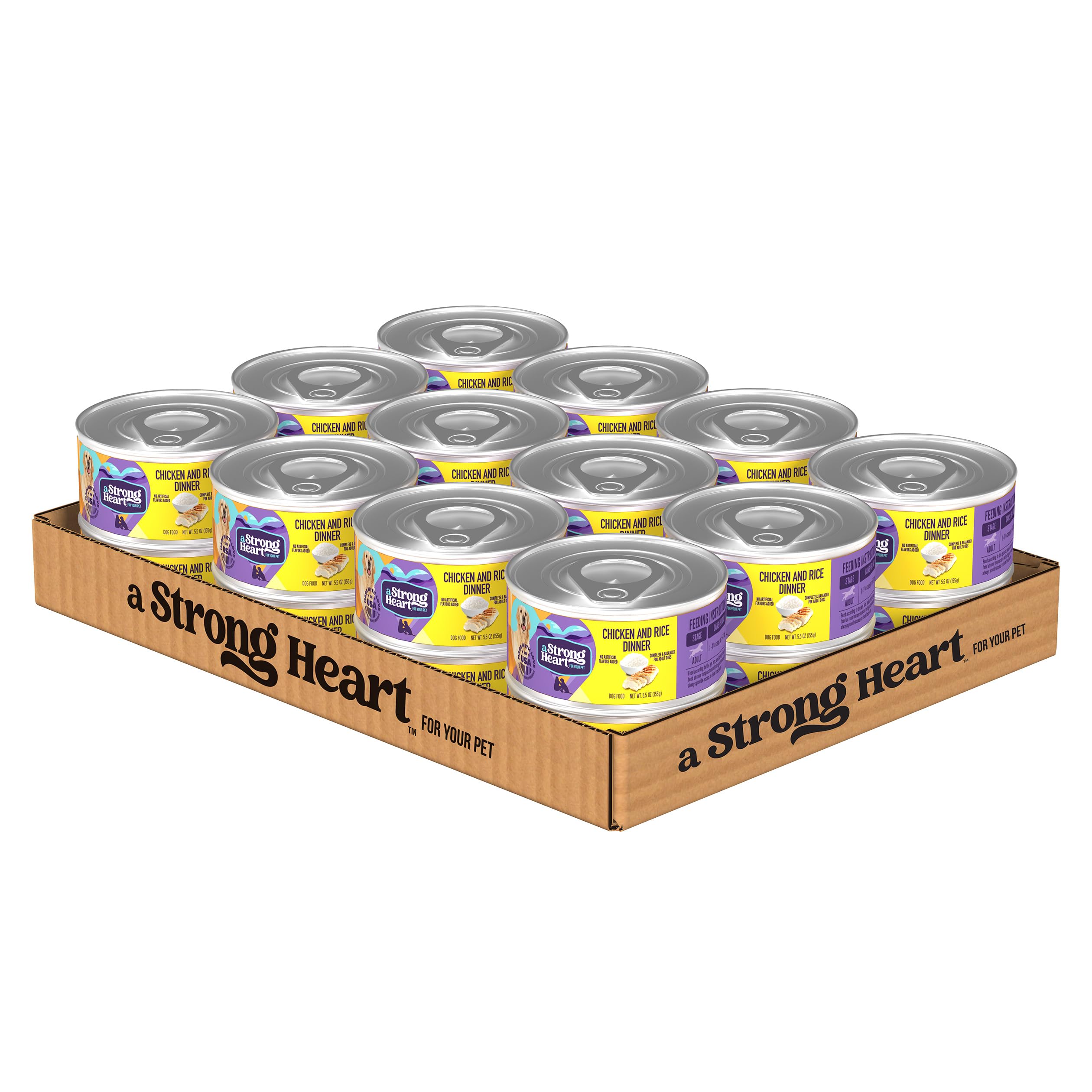 Des boîtes Strongheart poulet et riz 5,5 oz offrant un repas équilibré pour chien.