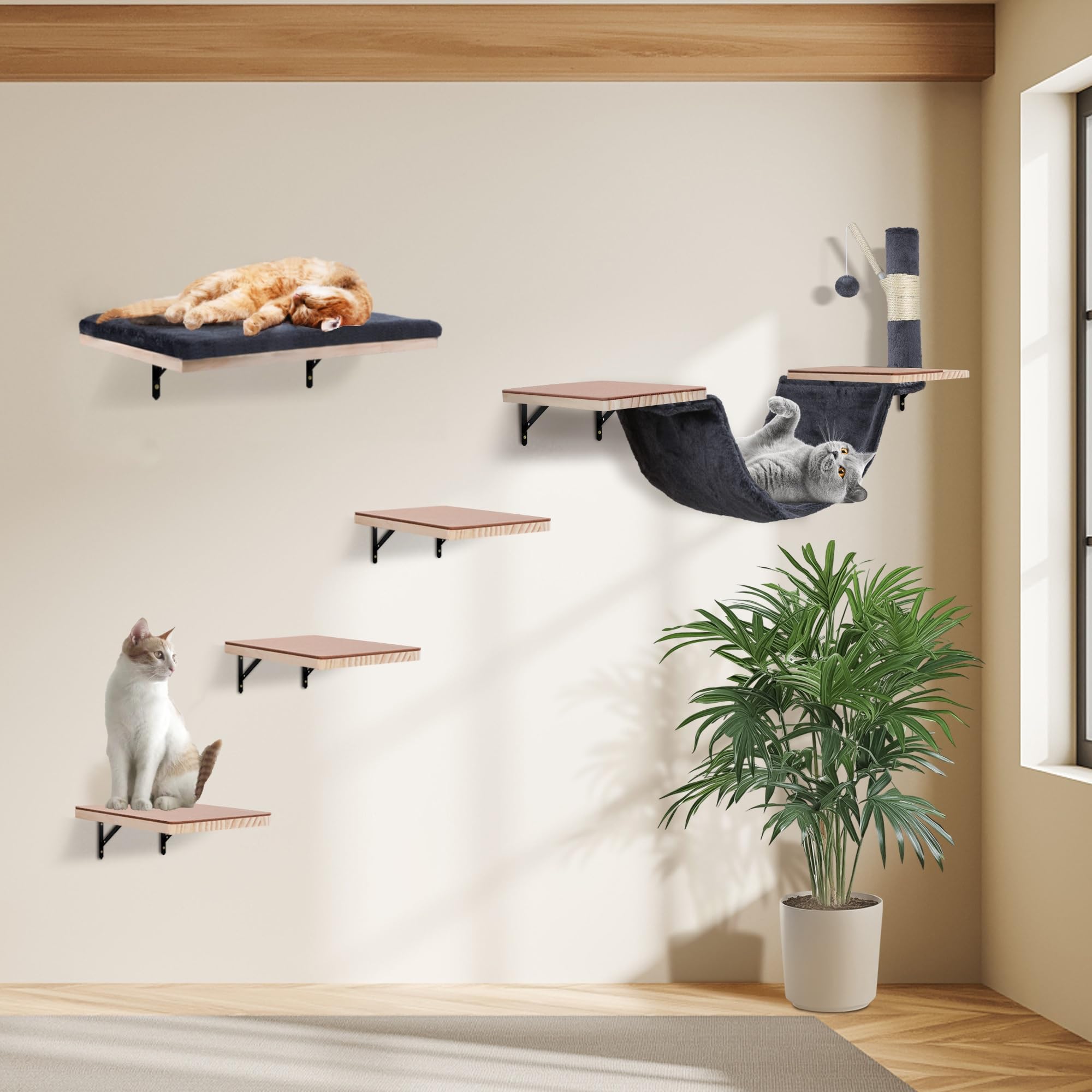 Sublimei étagères murales pour chat en bois naturel, optimisent l'espace et le repos.