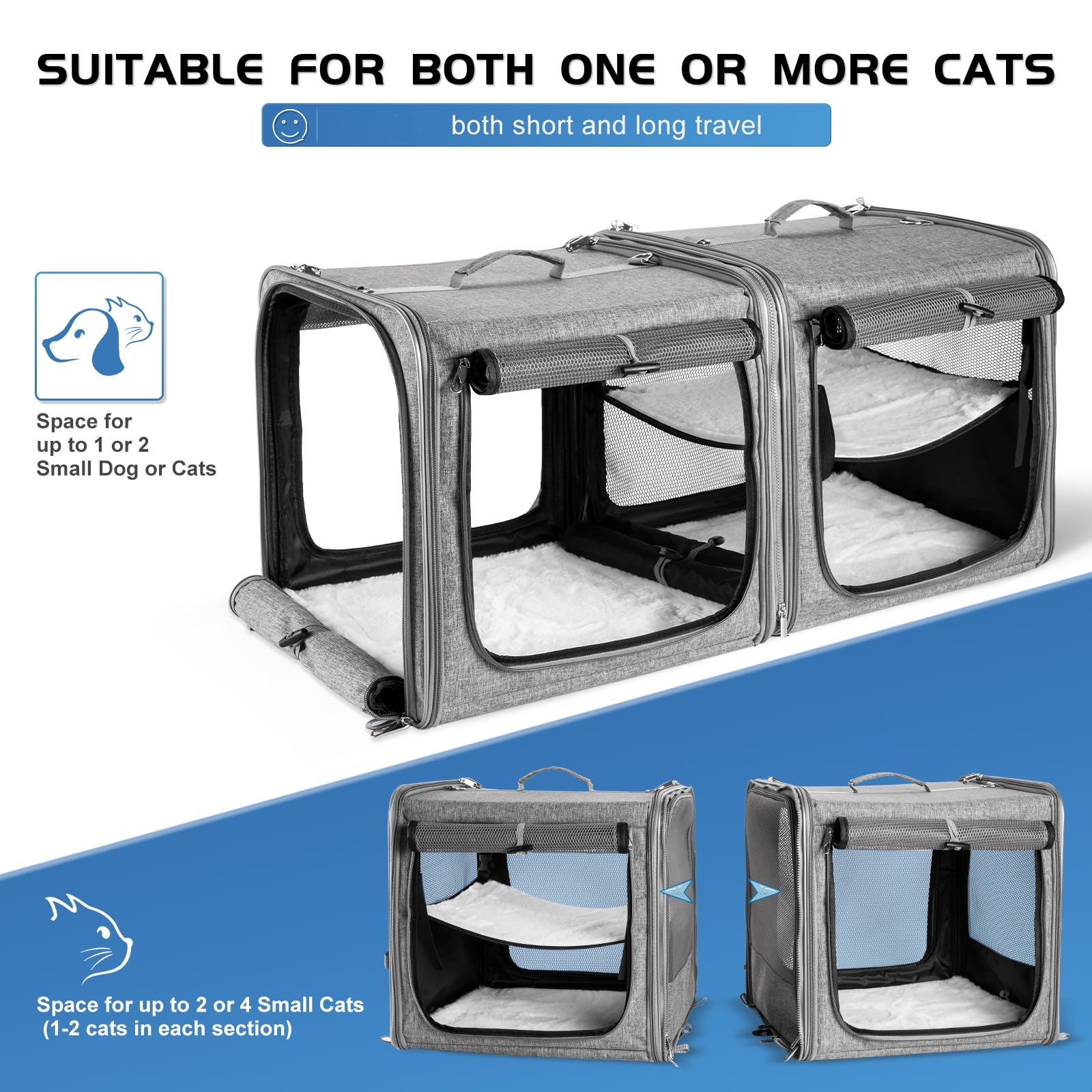 Transporteur double Suertree avec bac à litière intégré, pratique en déplacements.