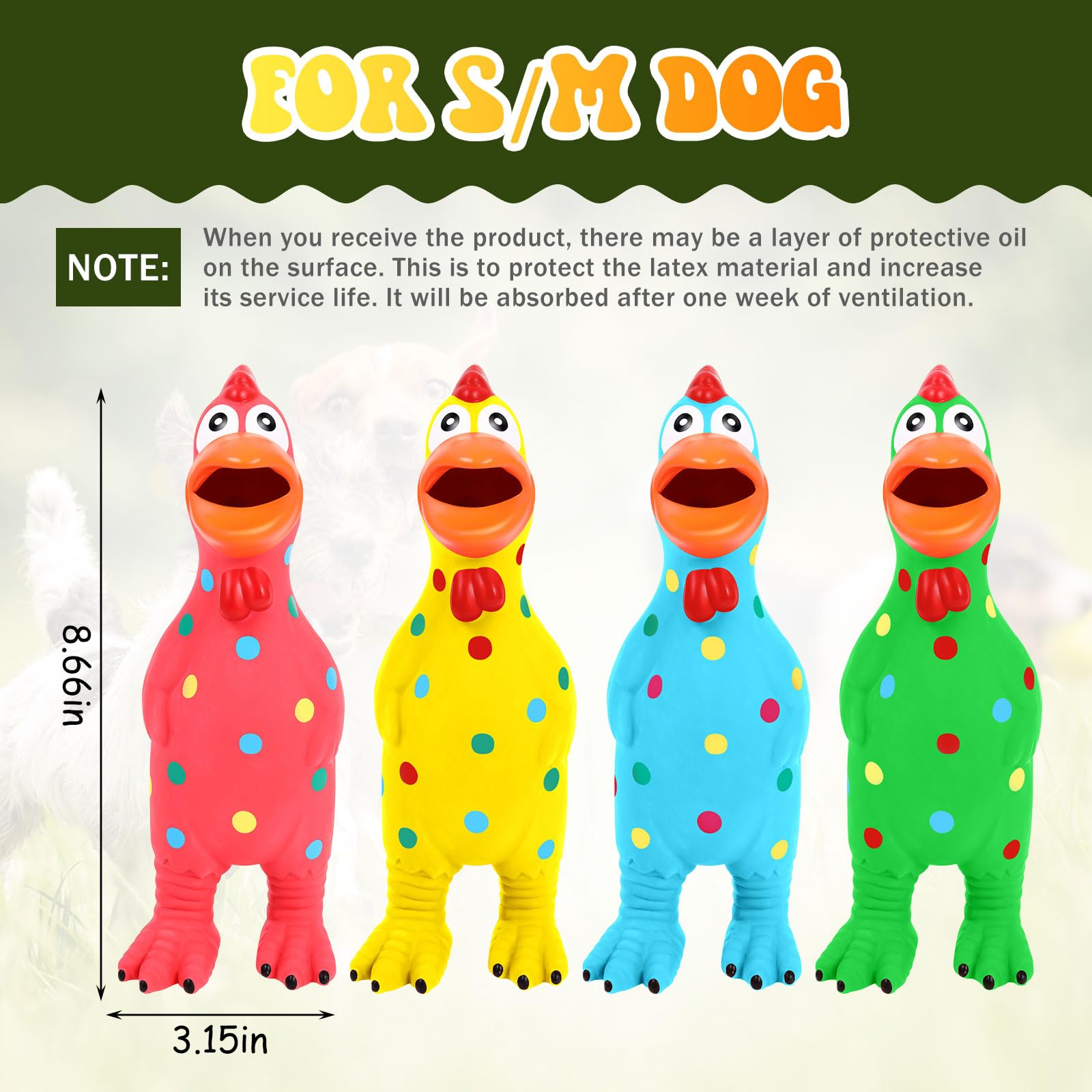Jouet Suilung poulet caoutchouc siffant couleur bleu rouge vert pour chien.