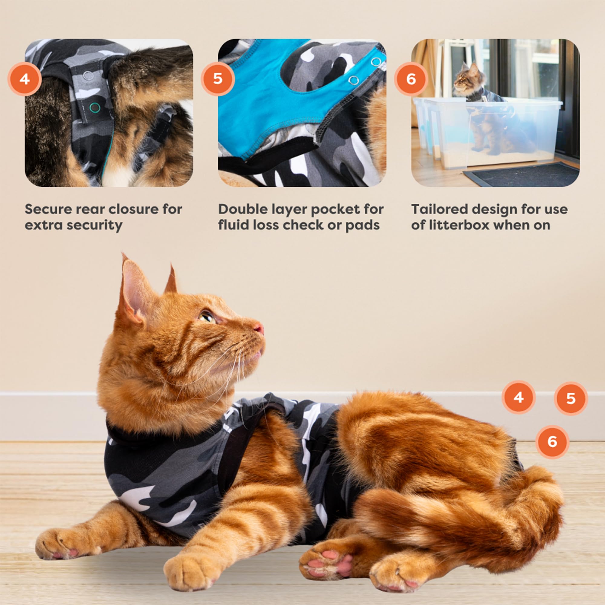 Suitical: vue arrière montre l'ajustement confortable autour du corps du chat.