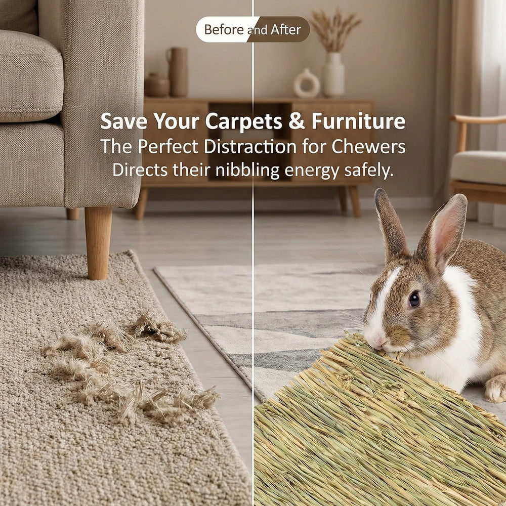 Lapin dormant sur tapis herbe naturelle Sukh, repos apaisant